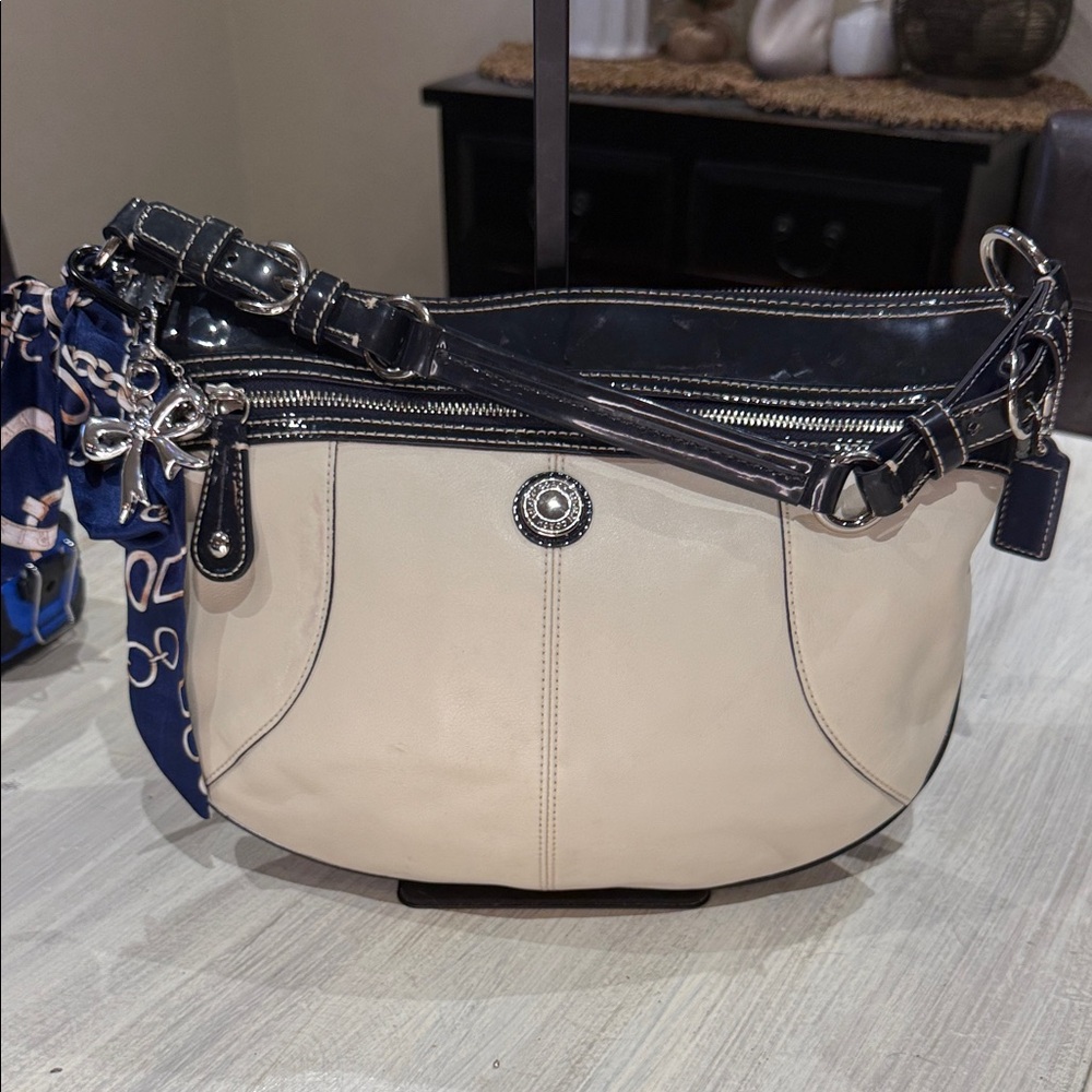 Coach Beige and Patent Dark Navy Shoulder Bag